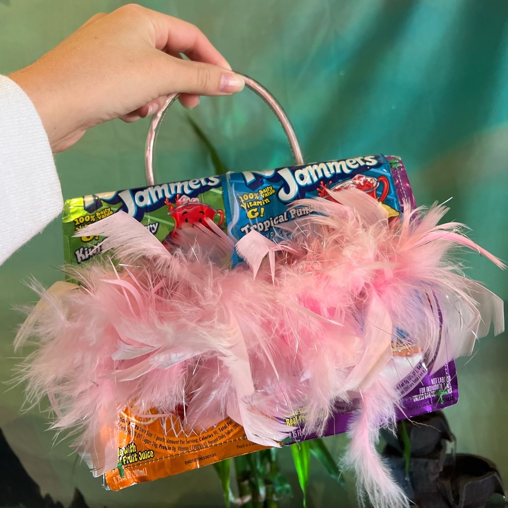 Unique Upcycled Kool-Aid Jammers Purse - Handmade with Pink Feather Accents